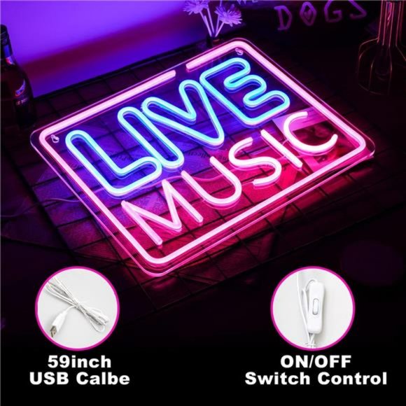 Live Music Wall Sign Neon LED Vivid Bright Color Music Sign for Decor USB Power - Picture 10 of 14